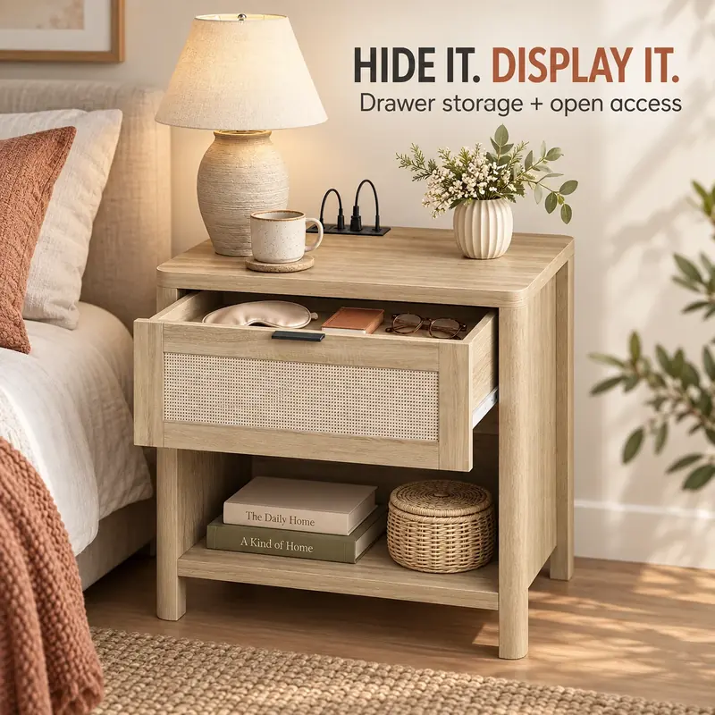 Natural wood · For bedside storage needs